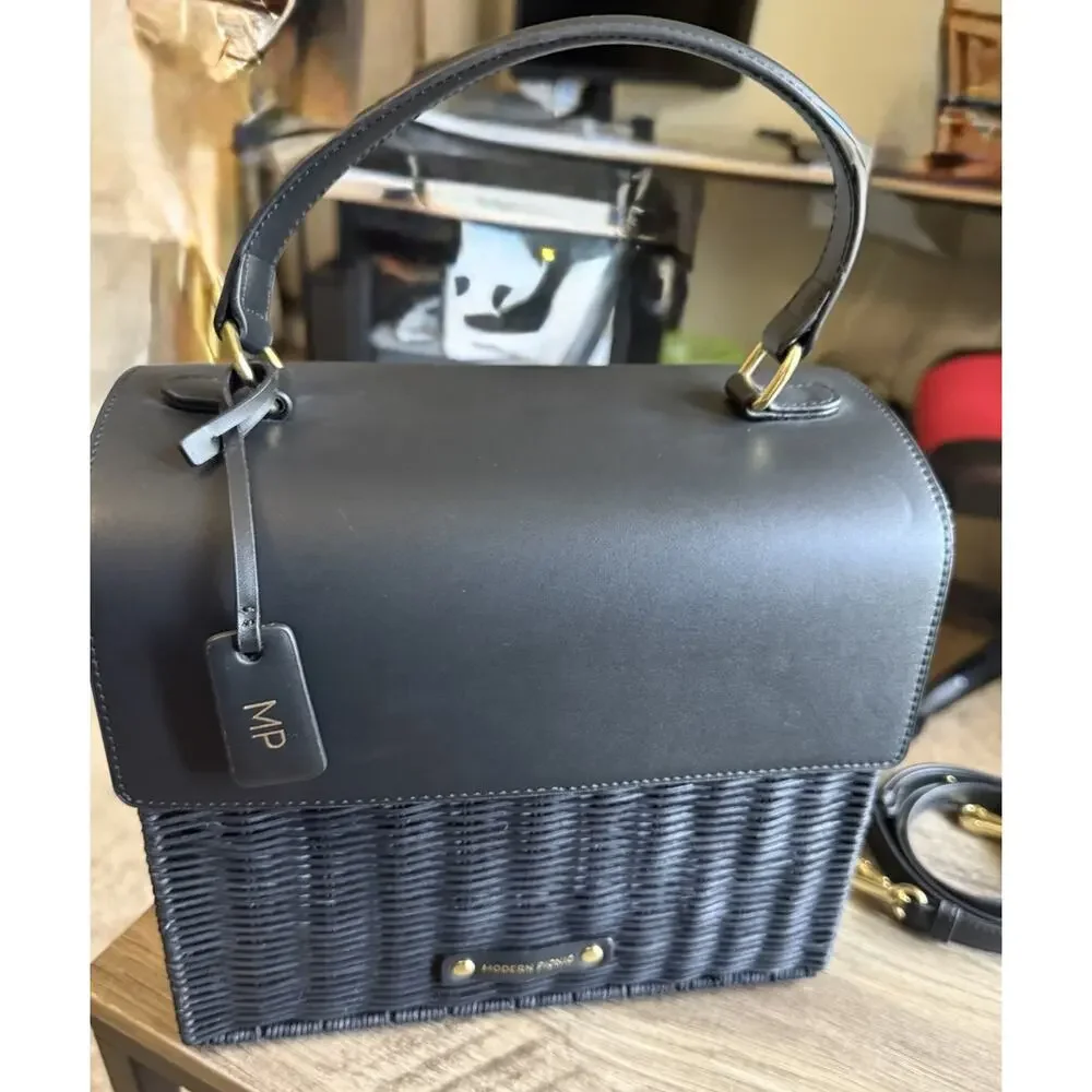 Modern Picnic The Luncher Rare Luxury Lunch Bag Black Wicker with Handle /Strap